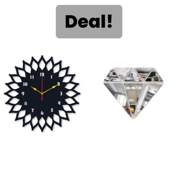 Diamond Mirror Wall Art and Sun Round Wall Clock Stylish Design for Home Decoration