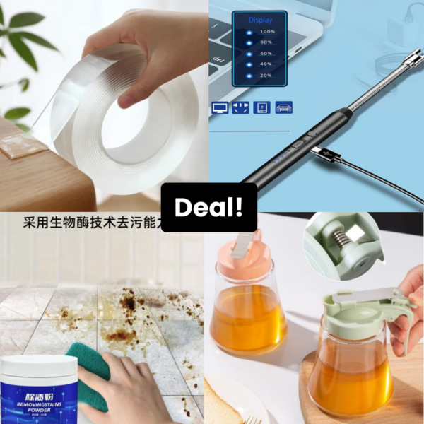 Flameless Arc Lighter USB Rechargeable | Nano Double-Sided Washable Tape (3M) | No-Drip Honey & Syrup Dispenser (250ml) | Stone & Marble Cleaning Powder for Countertops & Tiles