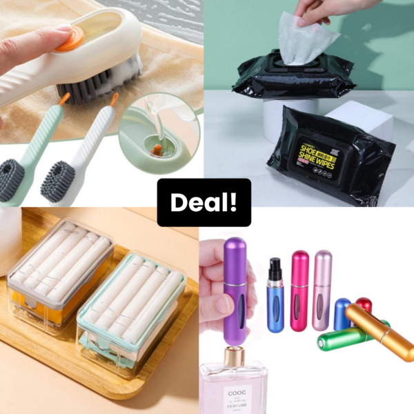Multi-Purpose Shoe Cleaning Wipes, Brushes, and Portable Travel Accessories | Disposable Shoe Wipes, Long Handle Cleaning Brush, Travel Perfume Atomizer, and 2-in-1 Foaming Soap Container