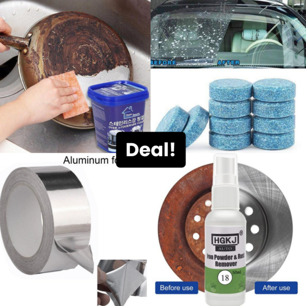 Multi-Purpose Cleaning & Repair Kit | Car Windshield Cleaner Effervescent Tablets, Waterproof Adhesive Tape, Kitchen Decontamination Paste, Rust Remover Spray