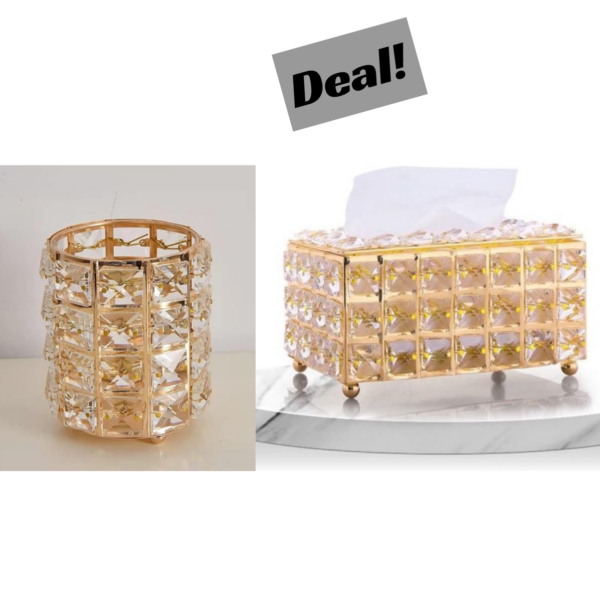 Crystal Makeup Brush & Pen Holder with Decorative Tissue Box Cover – Elegant Rectangular Crystal Design for Home & Office