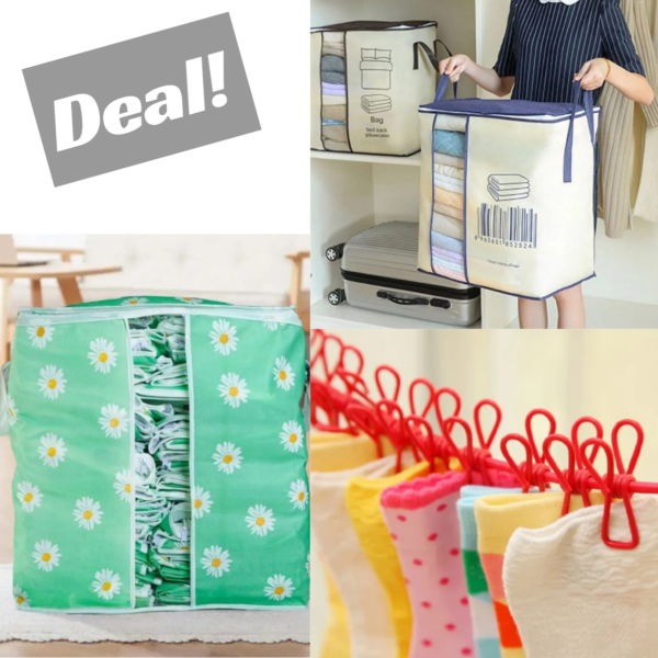 Heavy Quality Flower & Barcode Print Storage Bags Non-Woven for Cloth Storage + 12 Clips Cloth Line Rope Hang – Portable, Elastic, Windproof, Eco-Friendly for Travel & Home Use