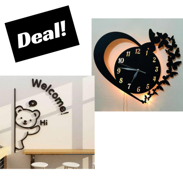 3D Wooden Wall Clock with Light and Teddy Bear Shaped Wall Art for Home & Office Decorations