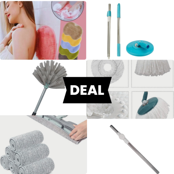 Complete Cleaning Set – Spin Mop, Refillable Microfiber Mop, Cobweb Duster, Scrubber Mat