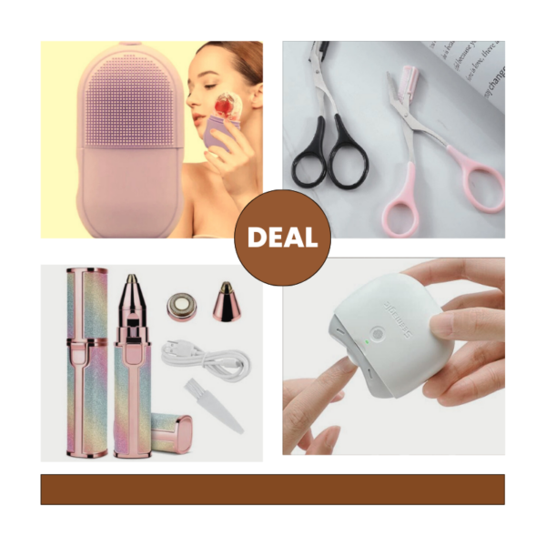 2-in-1 Electric Eyebrow & Hair Trimmer, Ice Roller Facial Massager, Eyebrow Scissors & Electric Nail Clipper – Grooming & Beauty Essentials