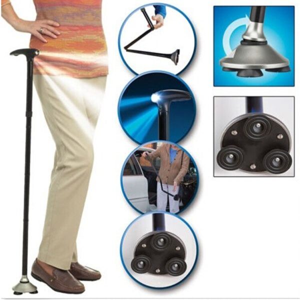 Trusty Cane – Sturdy Folding Walking Triple Head With Built In Lights – Fordable Walking Stick